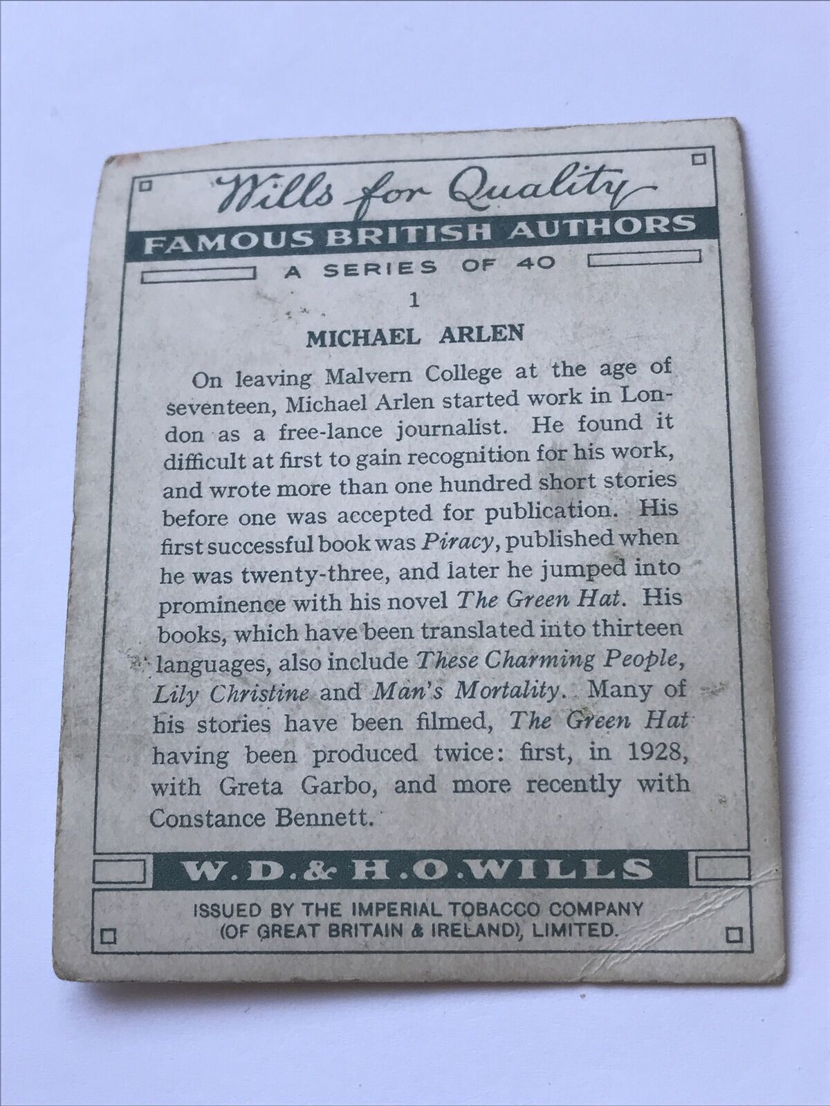 Michael Arlen WILLS CIGARETTE CARD Famous British Authors #1 The Green Hat