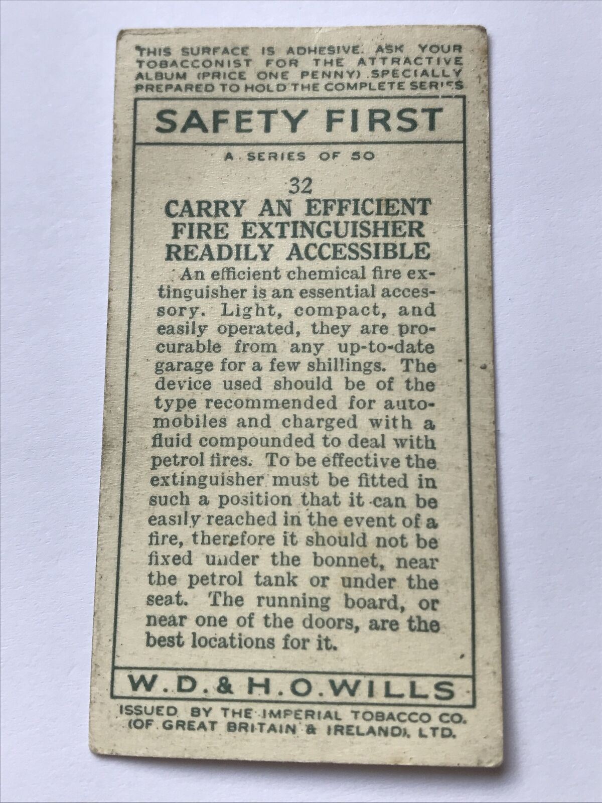 Carry An Efficient Fire Extinguisher Readily AccessWILLS CIGARETTE CARD Safety