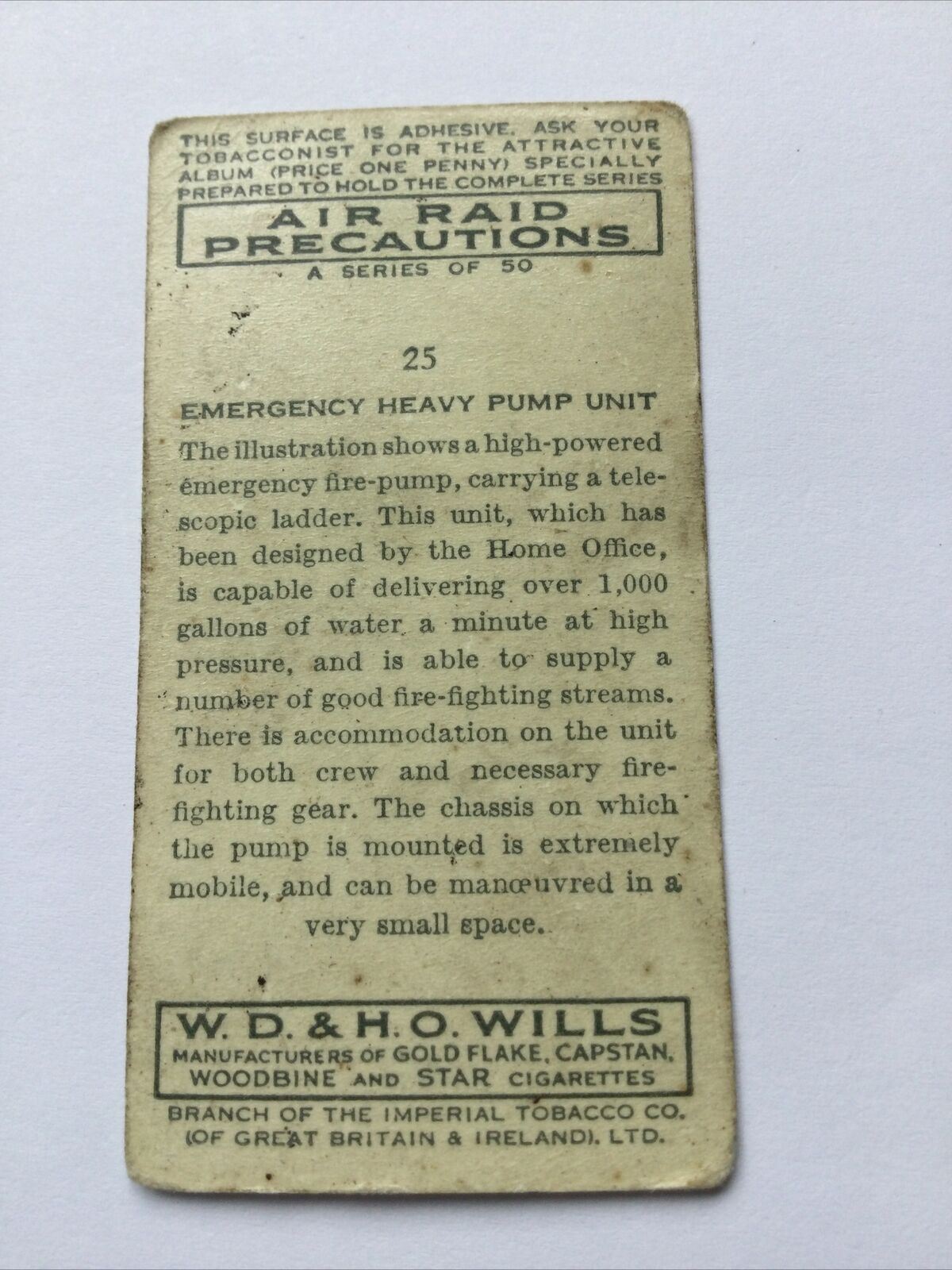 Emergency Heavy Pump Unit WILLS CIGARETTE CARD Air Raid Precautions #25