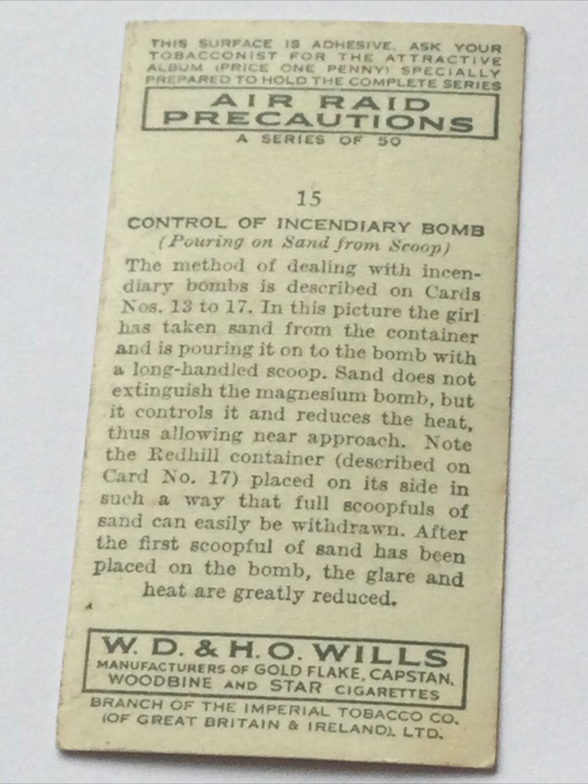 Control Of Incendiary Bomb WILLS CIGARETTE CARD Air Raid Precautions #15 Sand