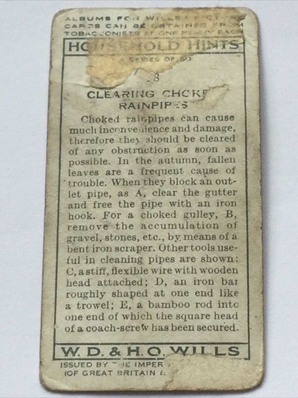 Clearing Choked RainpipesWILLS CIGARETTE CARD Household Hints- Showing Tools