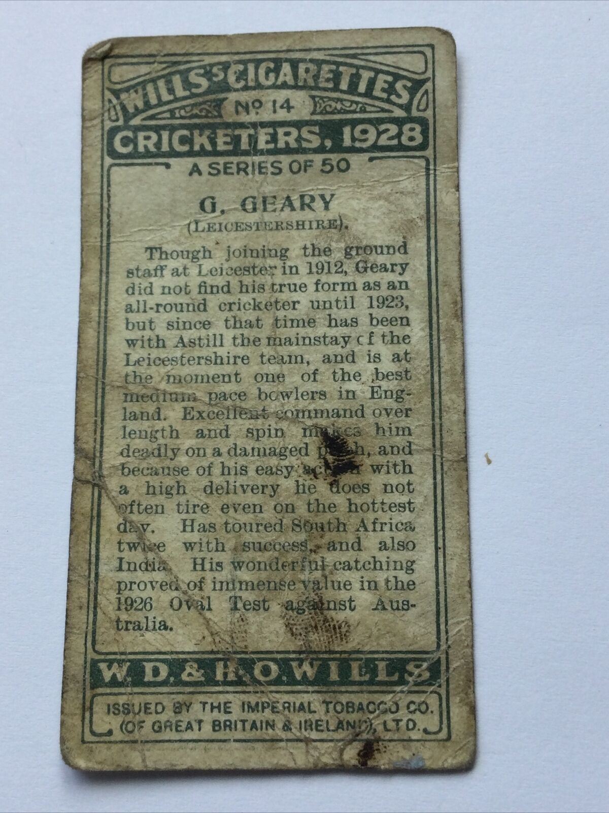 G Geary Leicestershire WILLS CIGARETTE CARD Cricketers #14