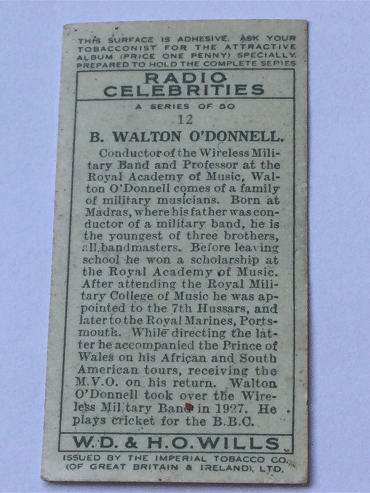 B Walton O’Donnell WILLS CIGARETTE CARD Radio Celebrities #12 Conductor