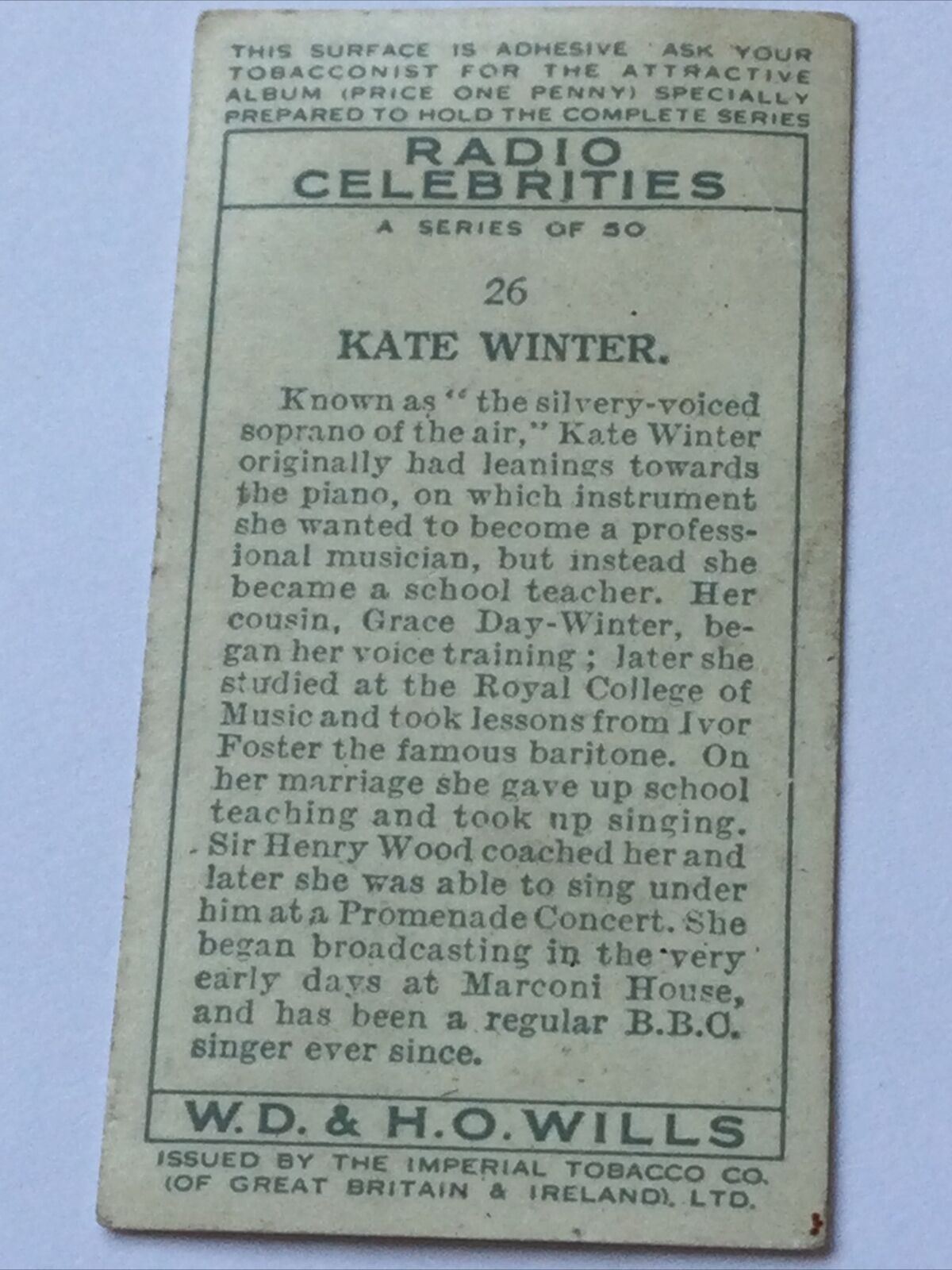 Kate Winter WILLS CIGARETTE CARD Radio Celebrities #26 Soprano Marconi House BBC