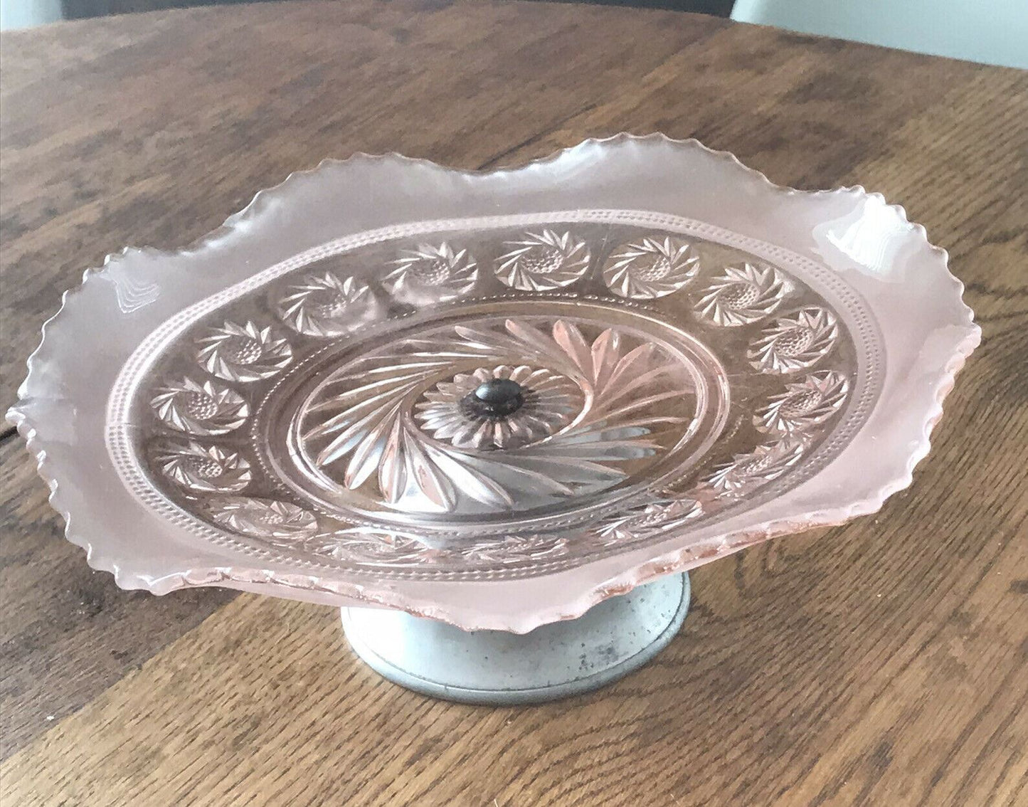 Pretty Pink Glass Ruffled Edge Cake Stand With Metal Base. Vintage. 40s/50s?