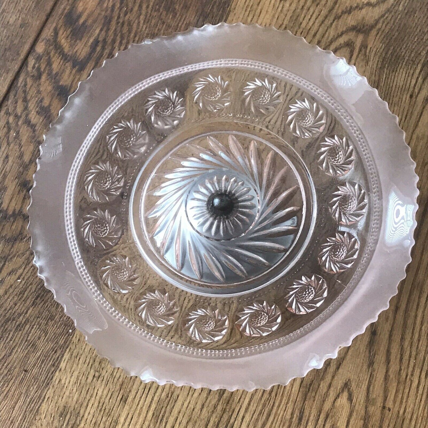 Pretty Pink Glass Ruffled Edge Cake Stand With Metal Base. Vintage. 40s/50s?