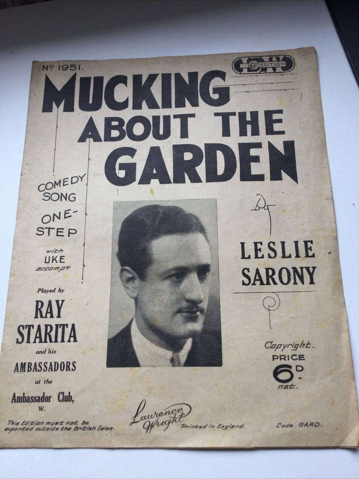 Vintage Sheet Music Mucking About The Garden Ukulele & Banjo Arrangement. Comedy