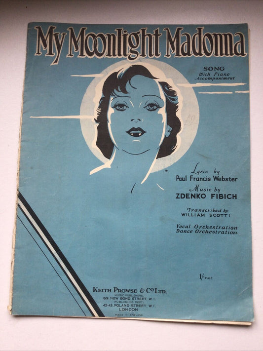 Vintage Sheet My Moonlight Madonna. Song With Piano Accompaniment. Zdenko Fibich