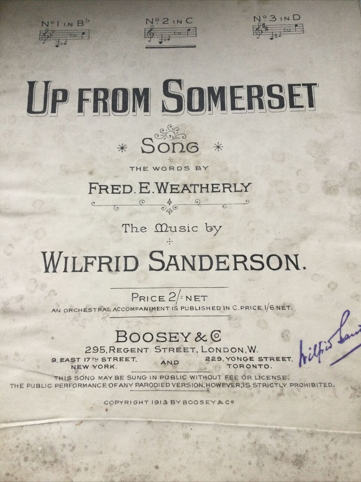 Vintage Antique Sheet Music Up From Somerset 1913 Wilfred Sanderson MILDEWED