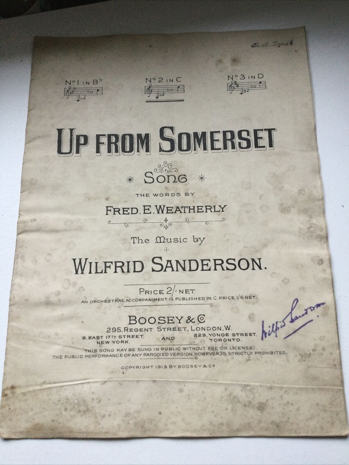 Vintage Antique Sheet Music Up From Somerset 1913 Wilfred Sanderson MILDEWED