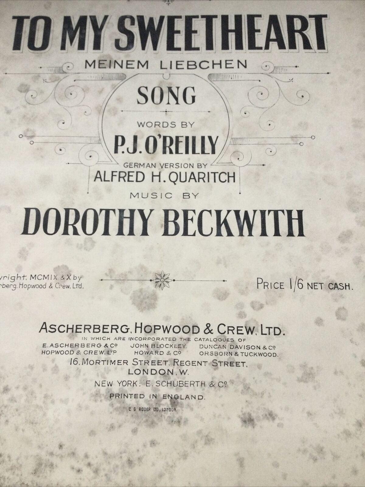 Vintage Sheet Music 1910 Antique To My Sweetheart MEINEM LIEBCHEN Dorothy Beckwi