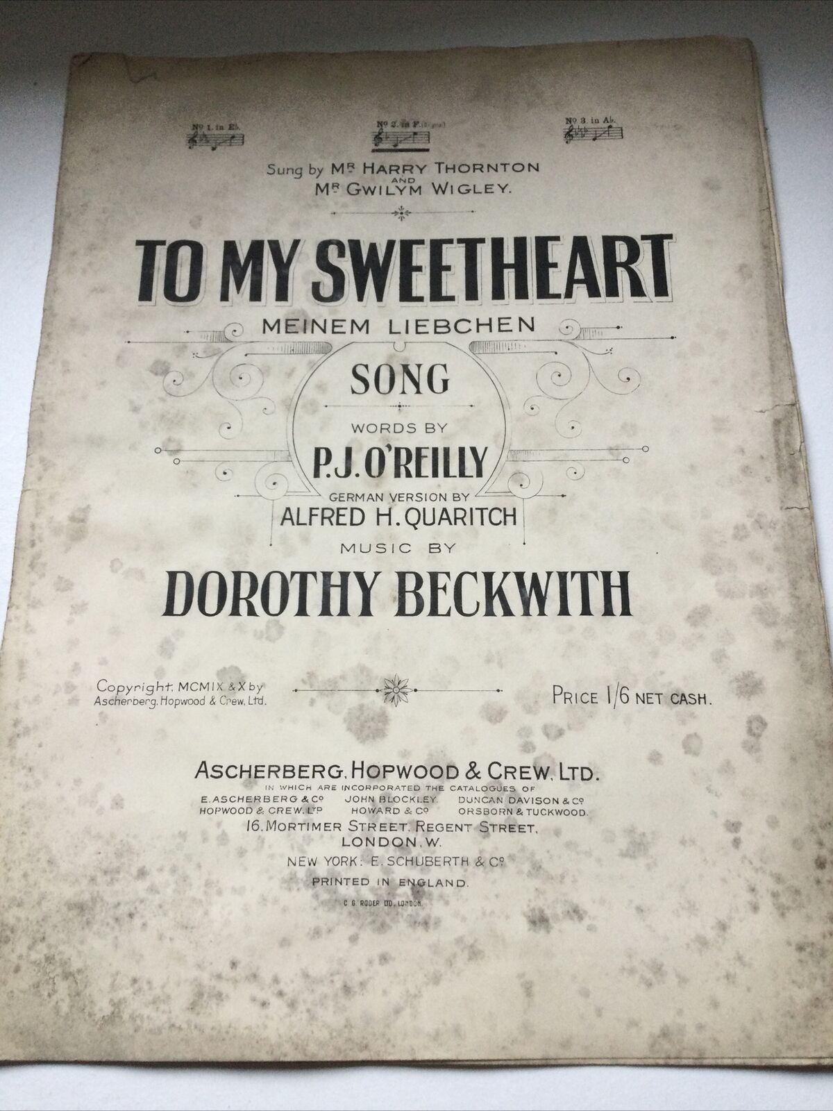 Vintage Sheet Music 1910 Antique To My Sweetheart MEINEM LIEBCHEN Dorothy Beckwi