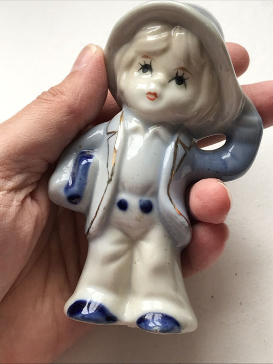 Cute Boy Figurine Ceramic Blue 11cm Fab Vintage Retro Ornament With Bonnet