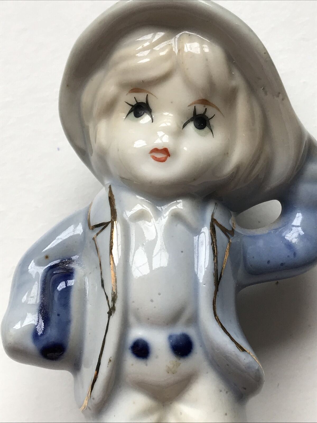 Cute Boy Figurine Ceramic Blue 11cm Fab Vintage Retro Ornament With Bonnet