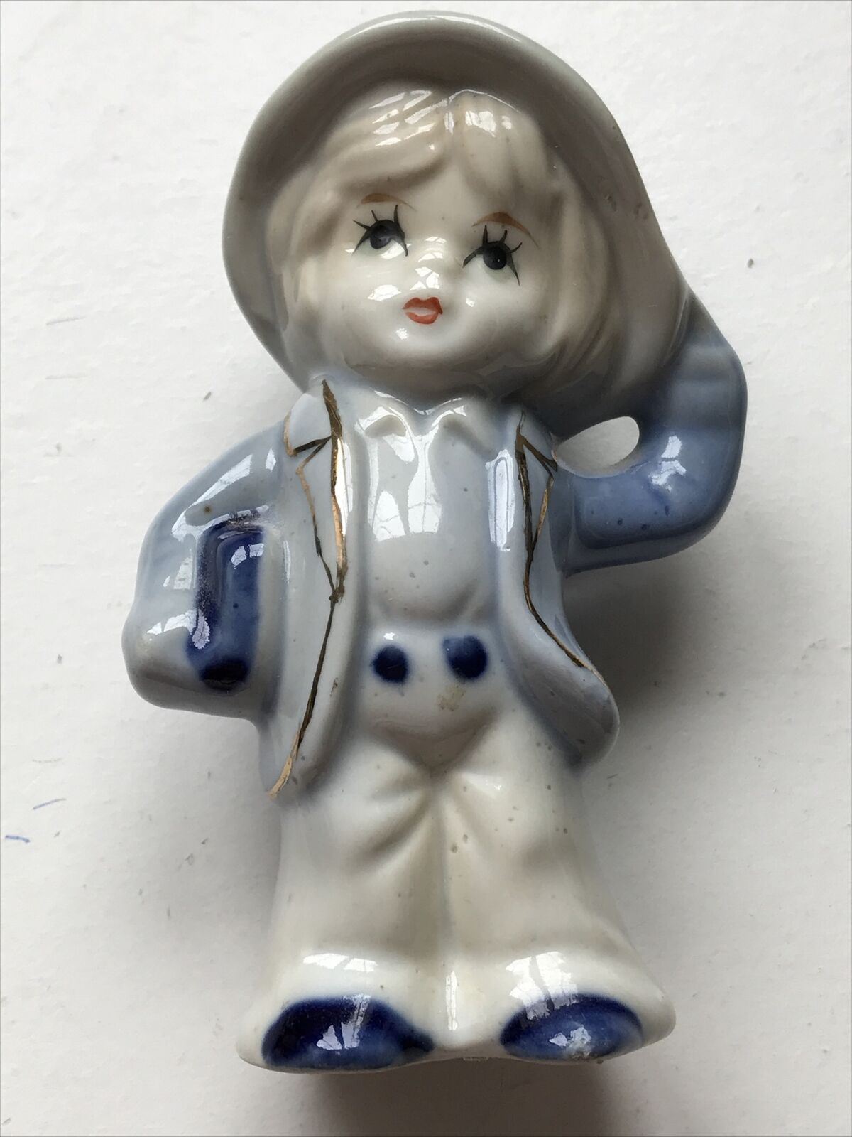 Cute Boy Figurine Ceramic Blue 11cm Fab Vintage Retro Ornament With Bonnet