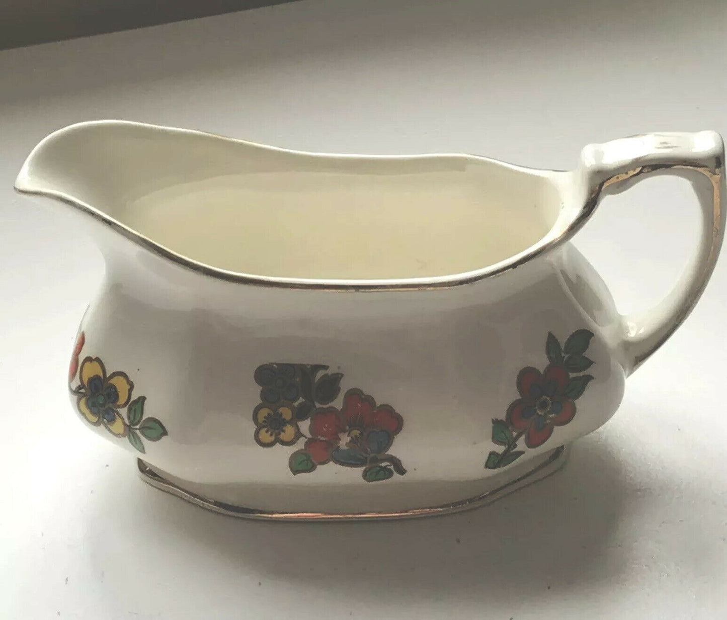 Small Art Deco Gravy Boat Jug. Floral. Ivory Colour. Pretty Orange Yellow Blue