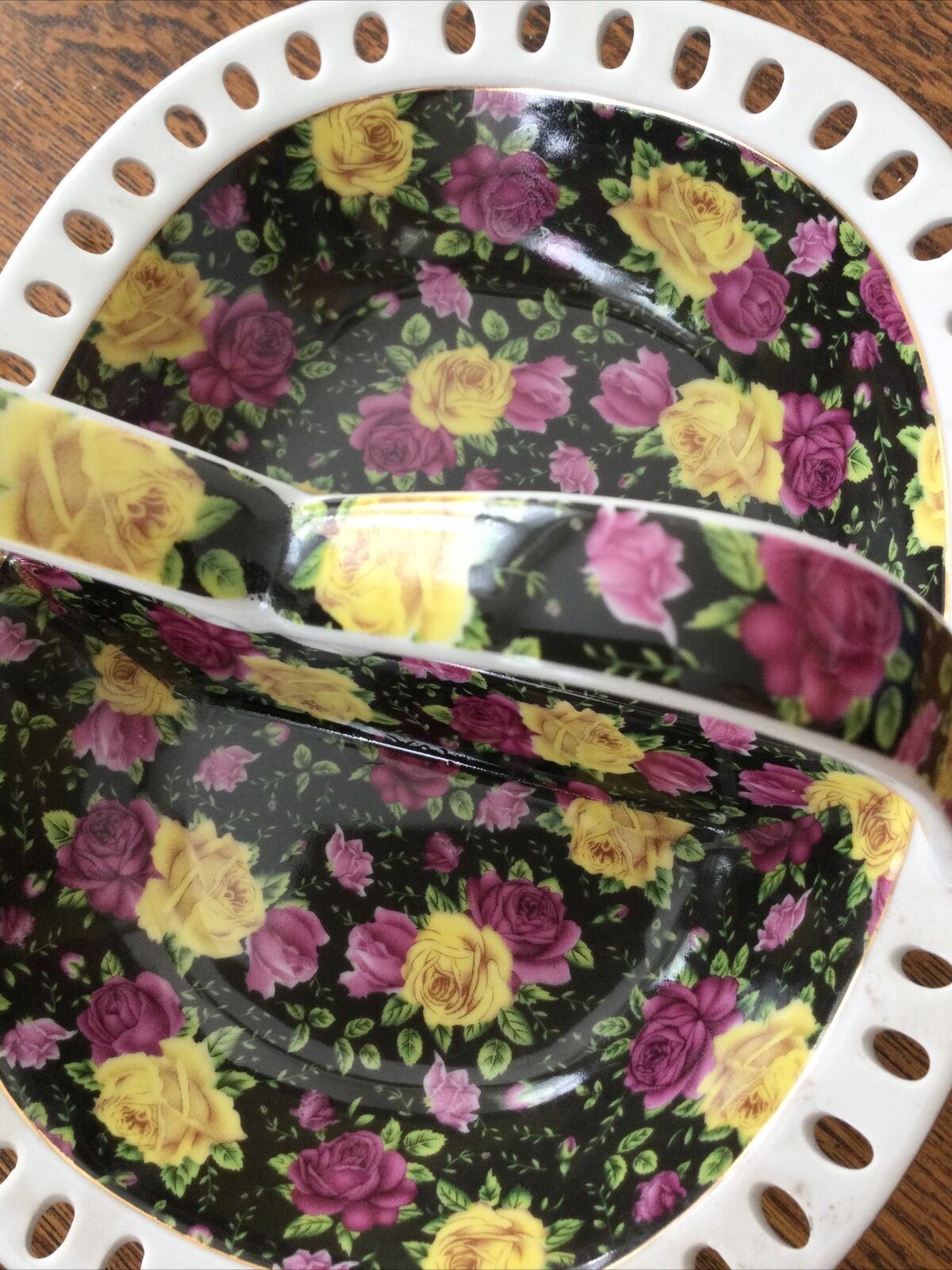 Retro Basket Shaped Ceramic Dish Bowl Divided. Rose Pattern On Black. Jay & Sons