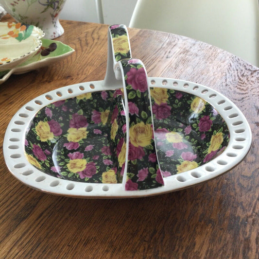 Retro Basket Shaped Ceramic Dish / Bowl - Divided - Rose Pattern On Black Background - Jay & Sons