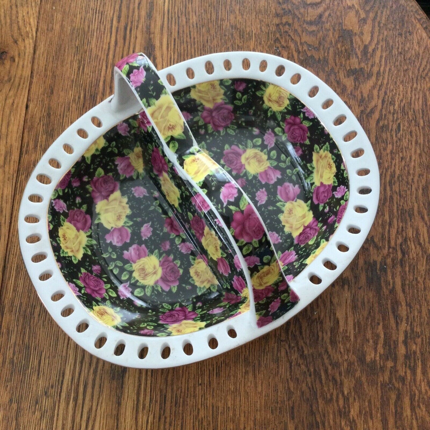 Retro Basket Shaped Ceramic Dish Bowl Divided. Rose Pattern On Black. Jay & Sons