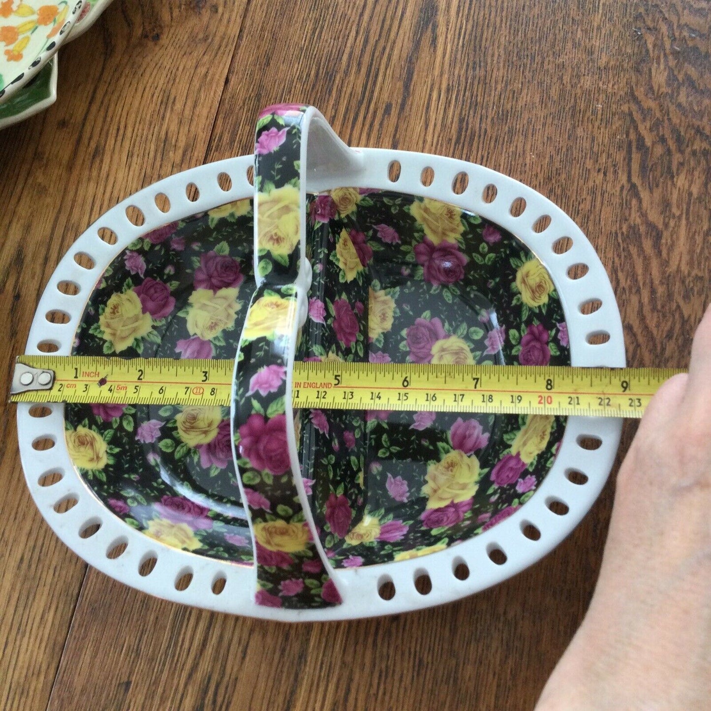 Retro Basket Shaped Ceramic Dish Bowl Divided. Rose Pattern On Black. Jay & Sons