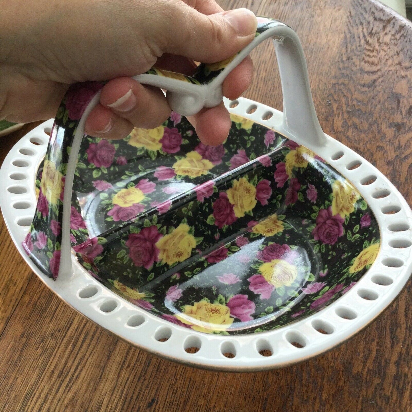 Retro Basket Shaped Ceramic Dish Bowl Divided. Rose Pattern On Black. Jay & Sons