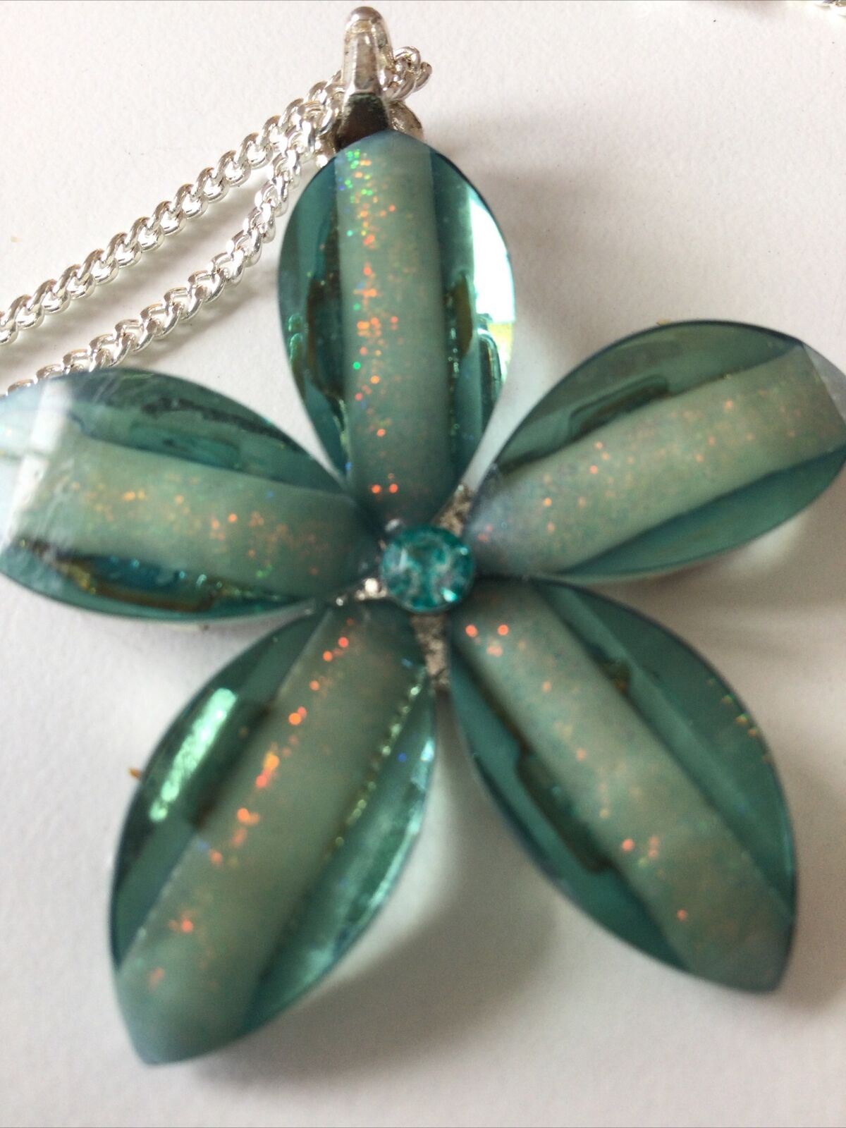 Pretty Aqua Green Flower Style Pendant Chain Plastic With Crystal Centre. Summer