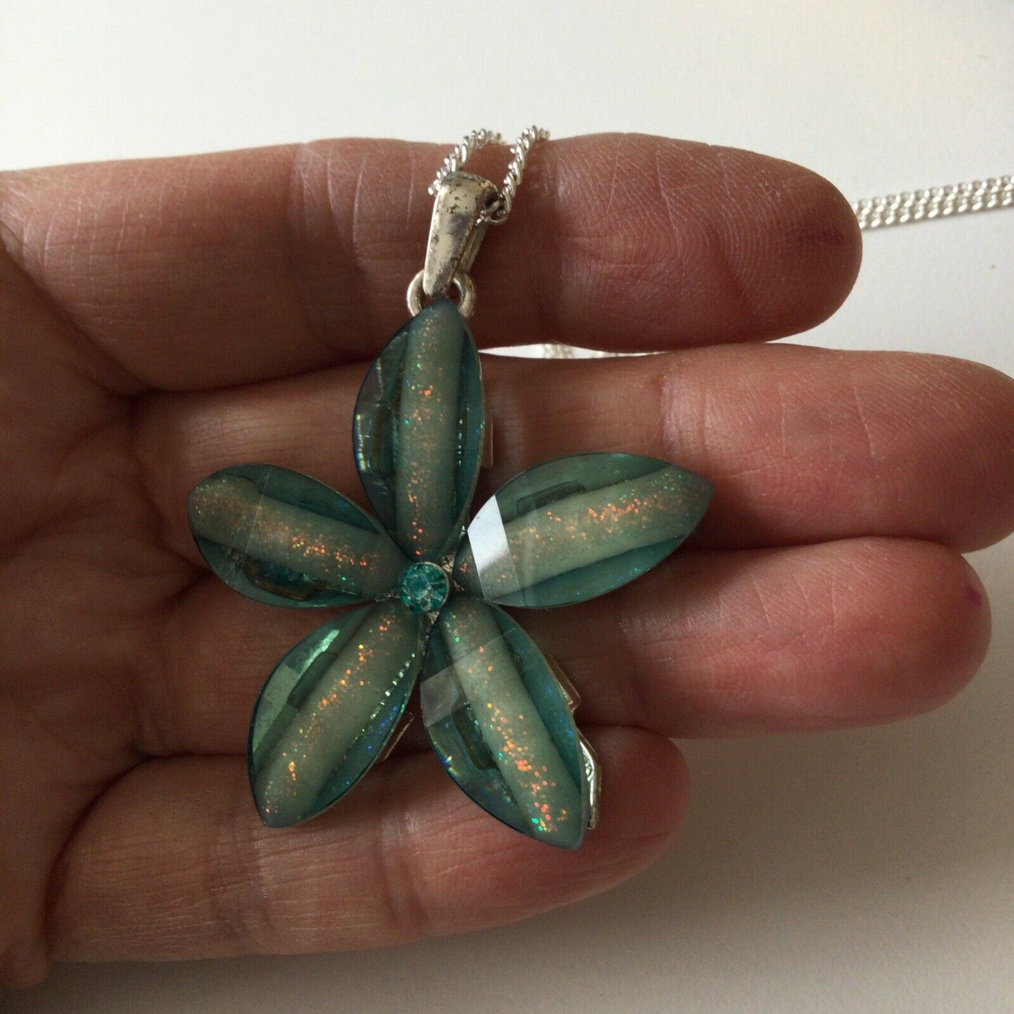 Pretty Aqua Green Flower Style Pendant Chain Plastic With Crystal Centre. Summer