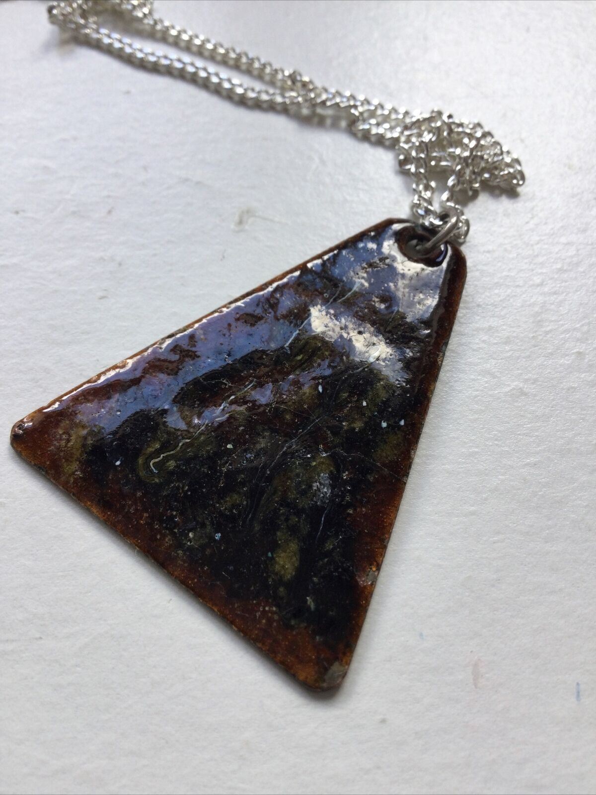 Enamelled Copper (?) Pendant, On Silver Plated Curb Chain. Triangle Shape