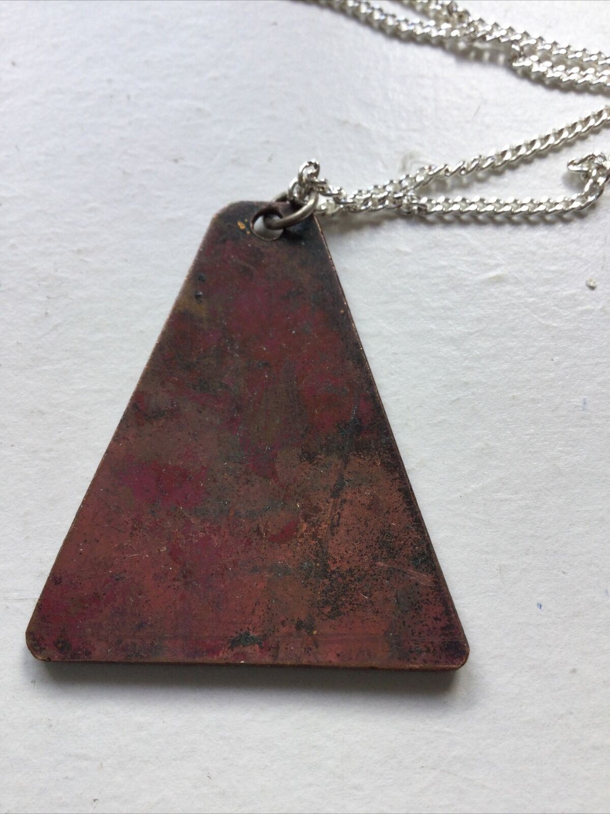 Enamelled Copper (?) Pendant, On Silver Plated Curb Chain. Triangle Shape