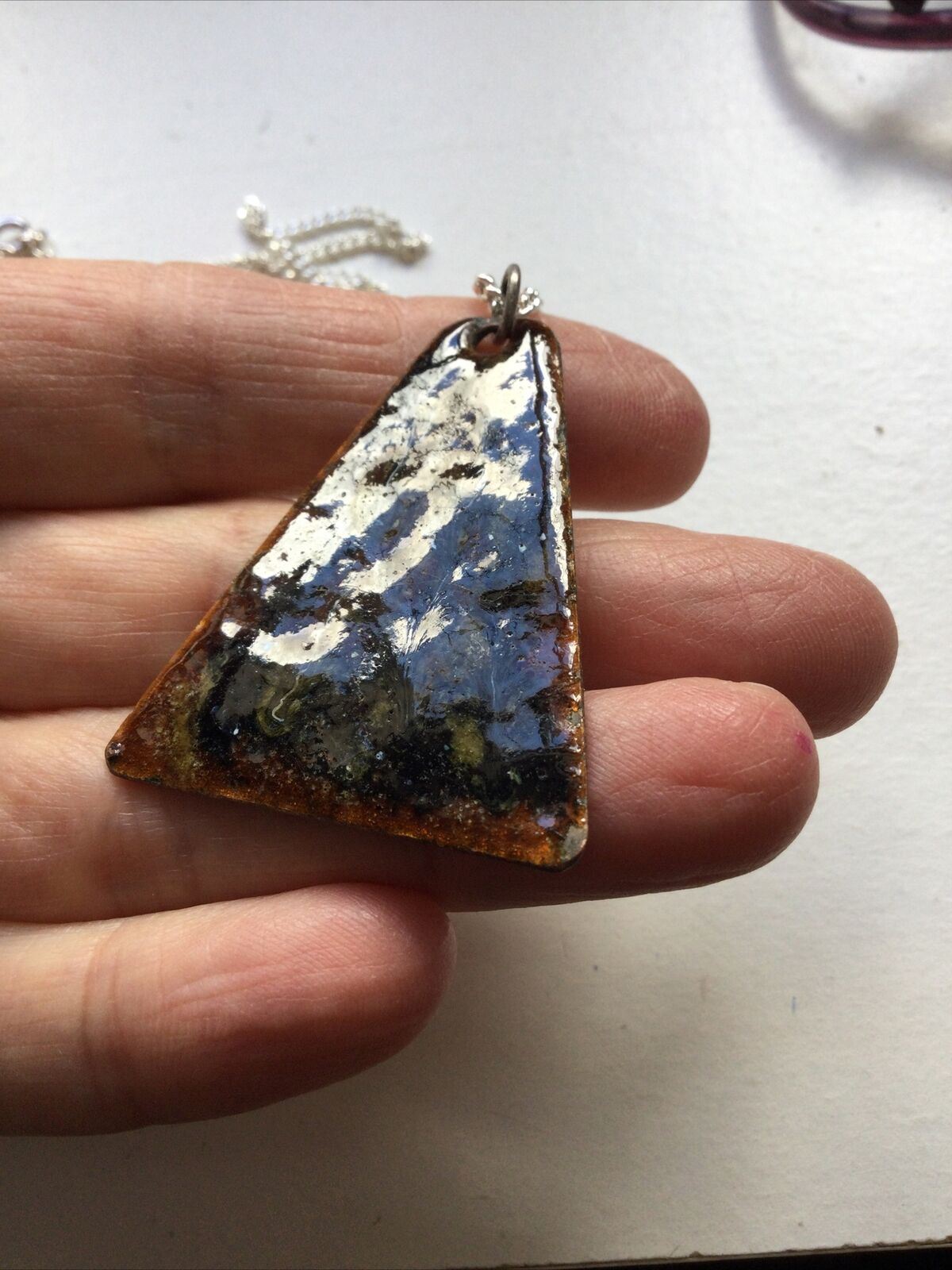 Enamelled Copper (?) Pendant, On Silver Plated Curb Chain. Triangle Shape