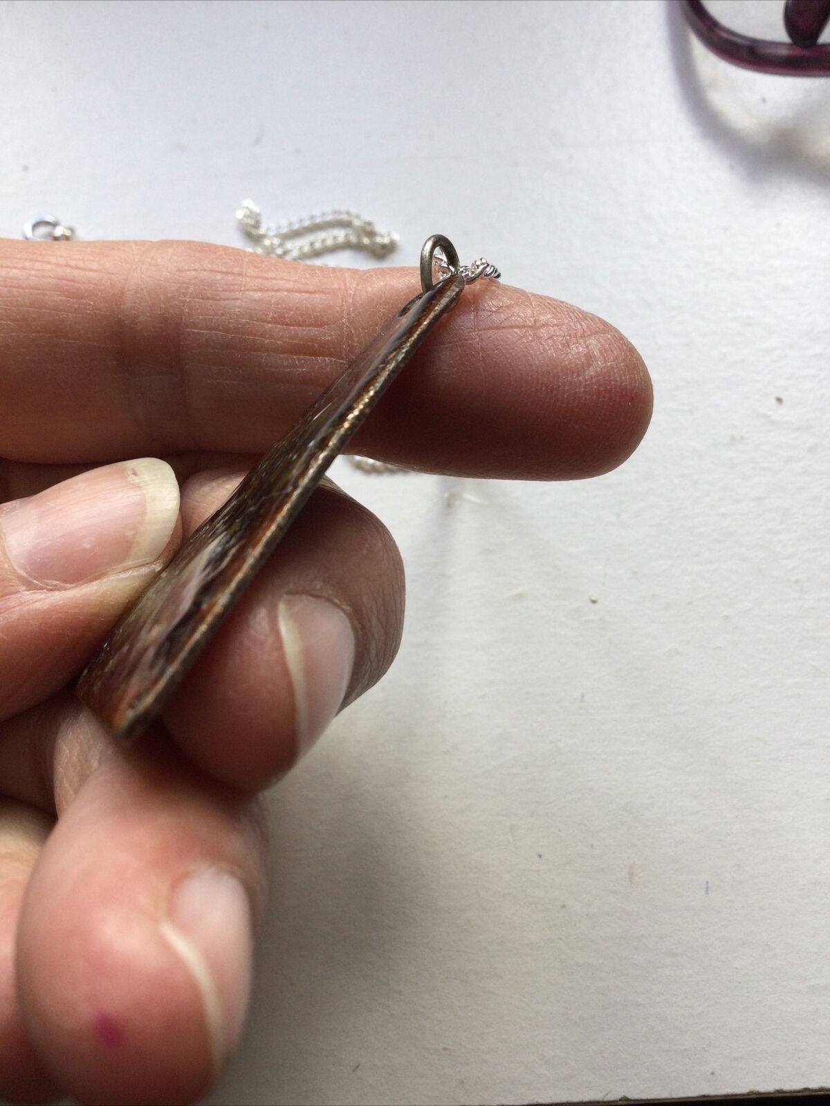 Enamelled Copper (?) Pendant, On Silver Plated Curb Chain. Triangle Shape