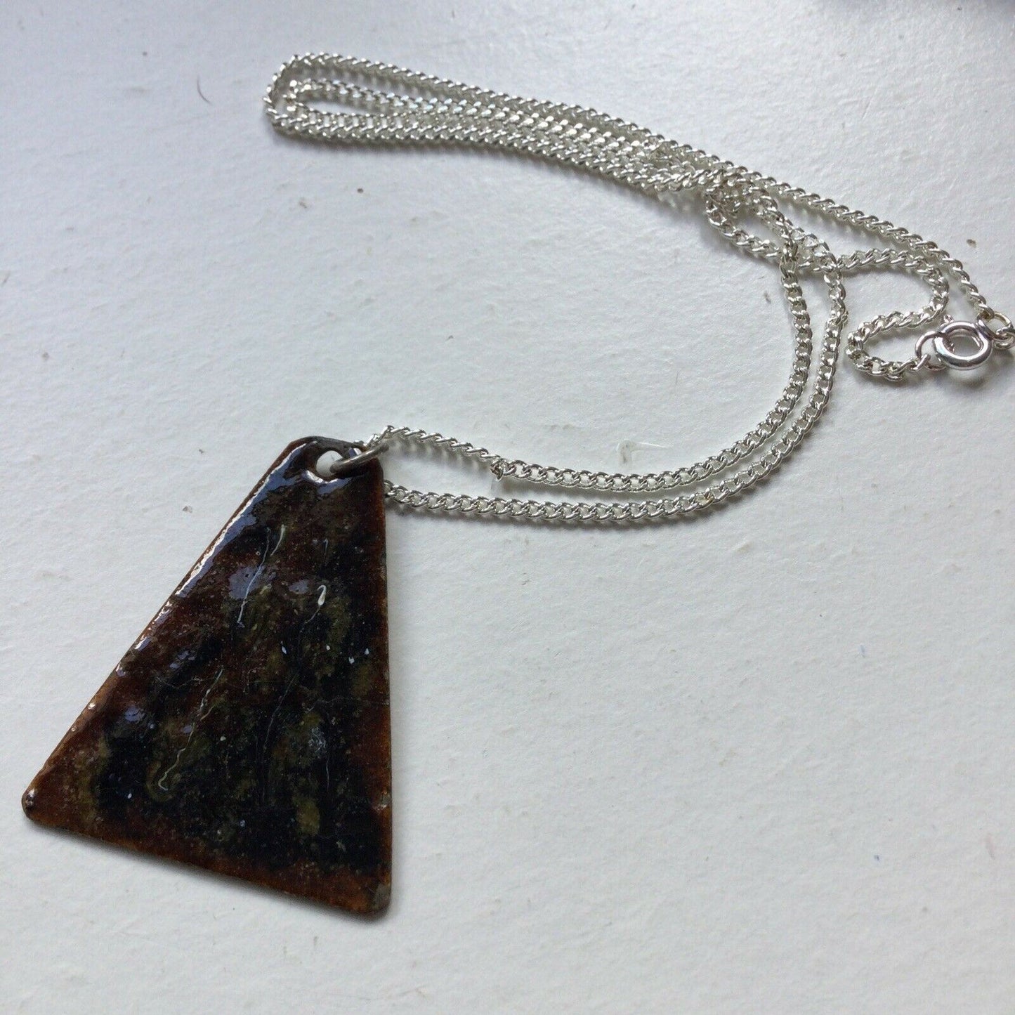 Enamelled Copper (?) Pendant, On Silver Plated Curb Chain. Triangle Shape