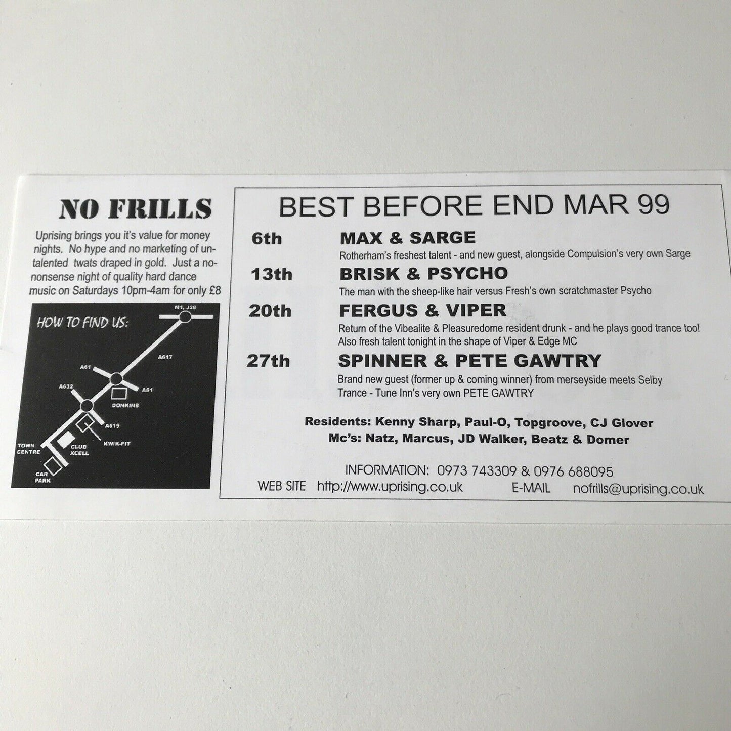 90s Y2K RAVE MEMORABILIA UPRISING March 1999 NO FRILLS CLUB XCELL CHESTERFIELD