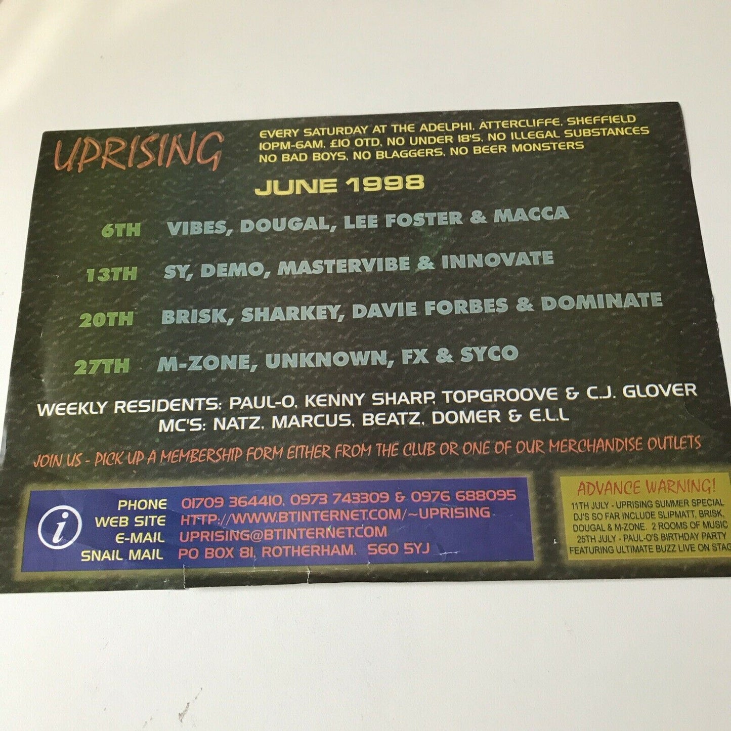 90s Y2K RAVE MEMORABILIA UPRISING 1998 Adelphi Sheffield VIBES DOUGAL LEE FOSTER