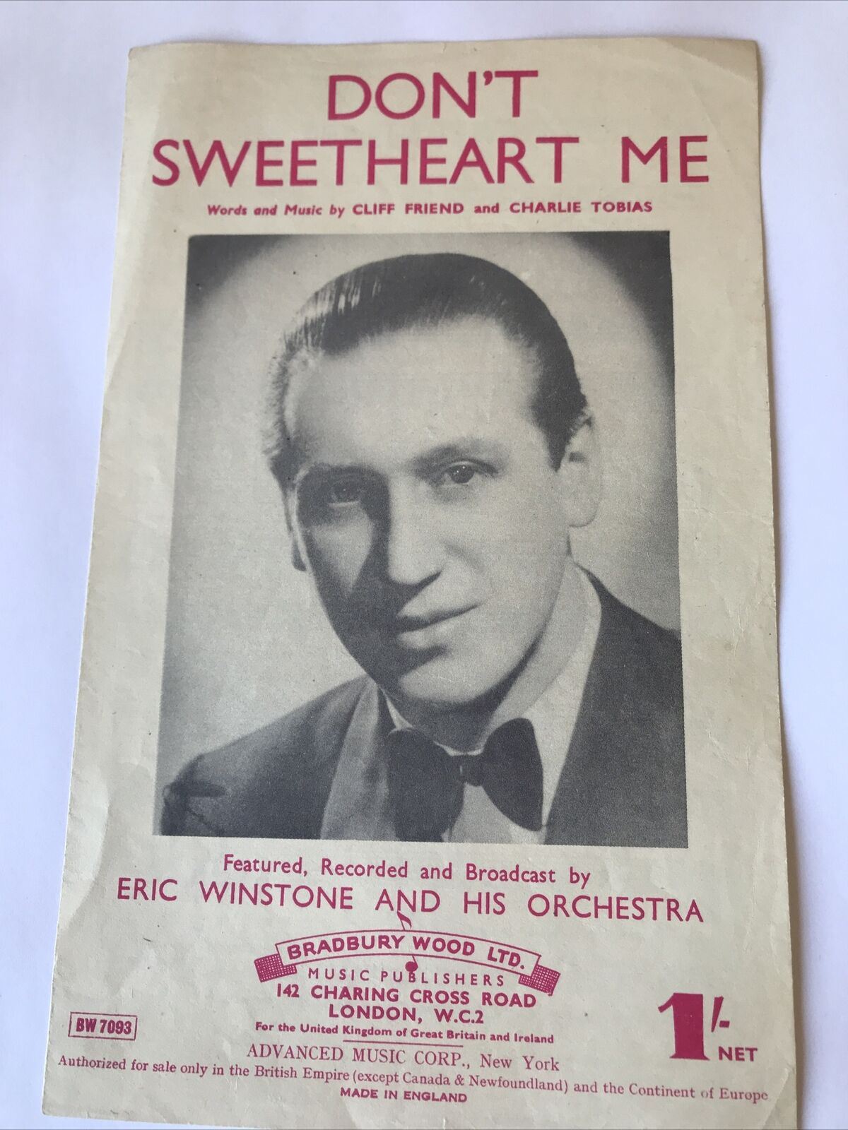 Vintage Sheet Music Don’t Sweetheart Me Eric Winstone Cliff Friend Memorabilia