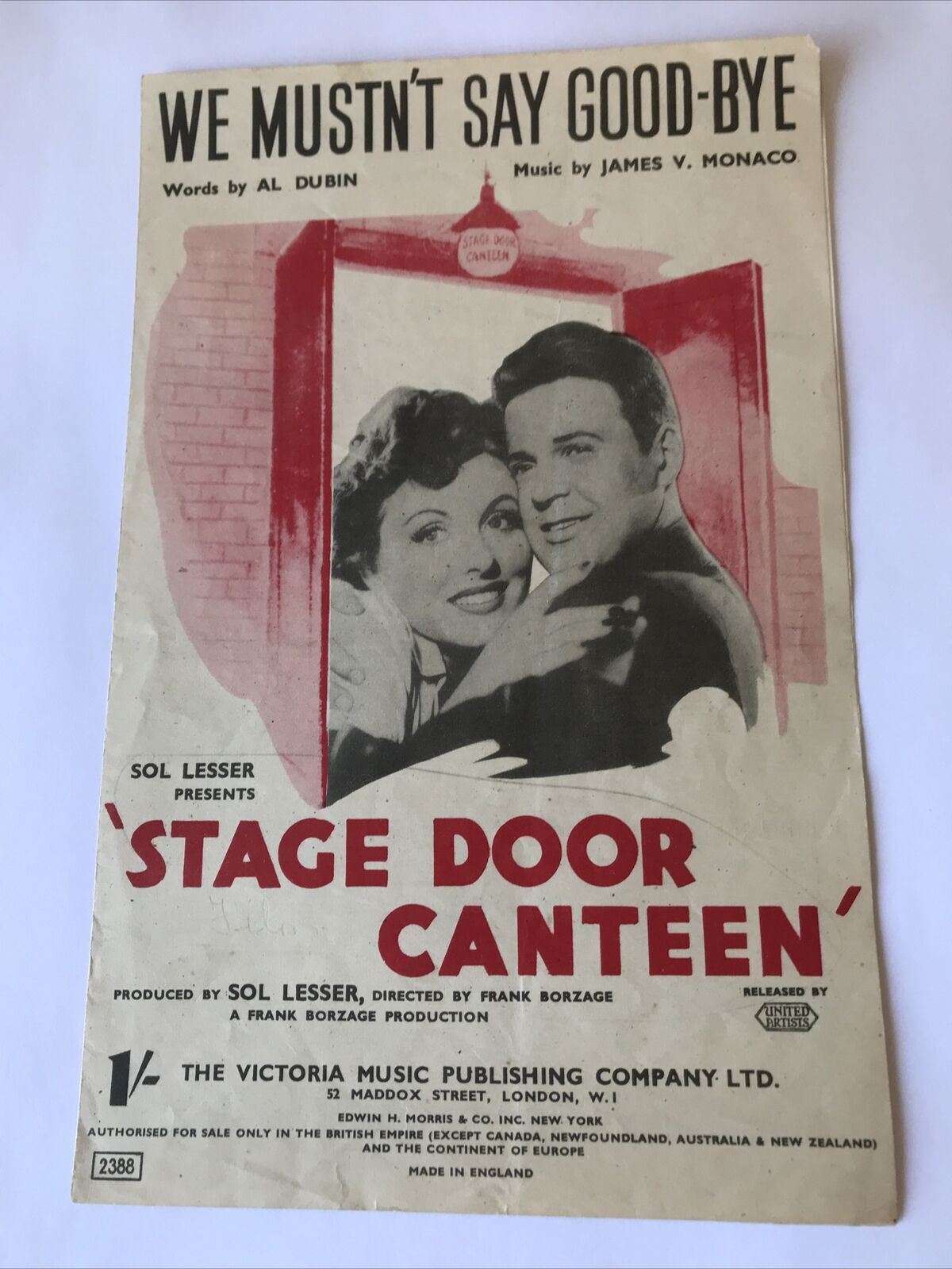 Vintage Sheet Music We Mustn’t Say Goodbye Stage Door Canteen Memorabilia