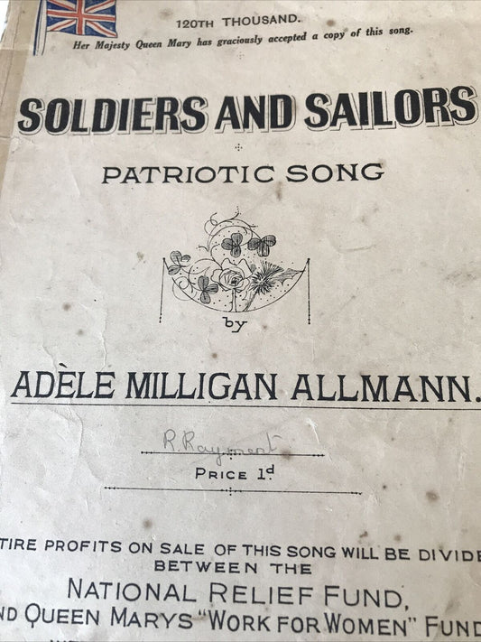 Vintage Sheet Music Patriotic Soldiers & Sailors. Queen Mary Work For Women Fund