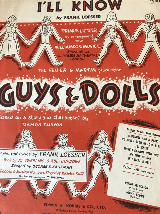 Vintage Sheet Music I’ll Know Guys & Dolls Memorabilia 1950 Prince Littler Frank