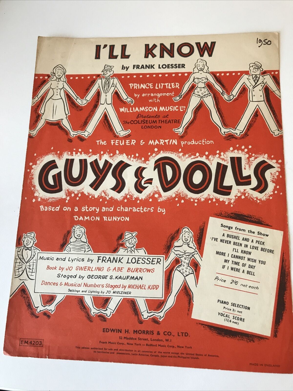 Vintage Sheet Music I’ll Know Guys & Dolls Memorabilia 1950 Prince Littler Frank