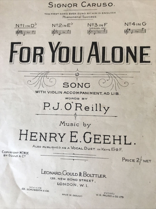 Vintage Sheet Music CARUSO FOR YOU ALONE P J I’Reilly Henry E Geehl 1909