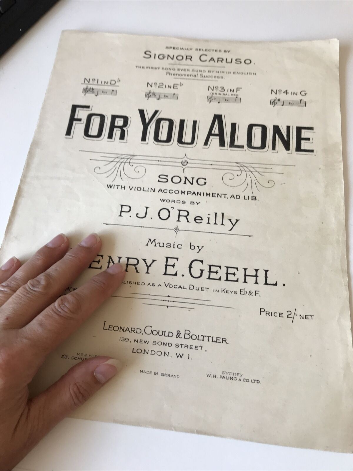 Vintage Sheet Music CARUSO FOR YOU ALONE P J I’Reilly Henry E Geehl 1909