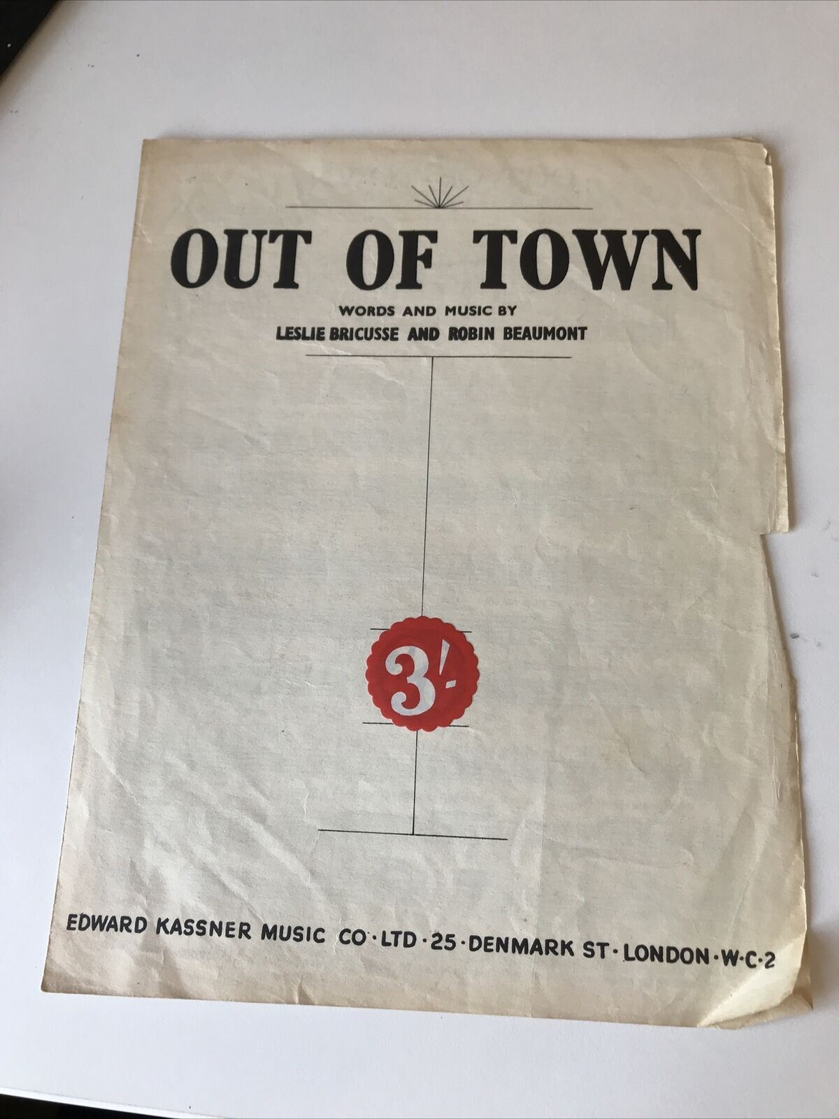 Vintage Sheet Music OUT OF TOWN Leslie Bricusse Robin Beaumont DAMAGED 1956 50s