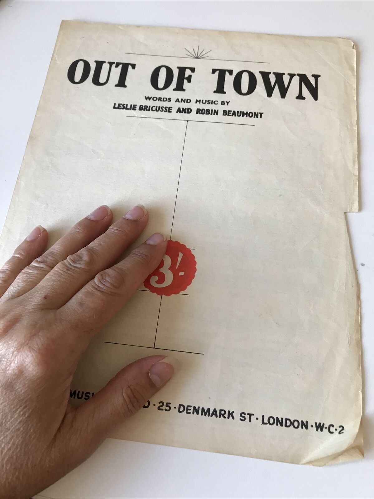 Vintage Sheet Music OUT OF TOWN Leslie Bricusse Robin Beaumont DAMAGED 1956 50s