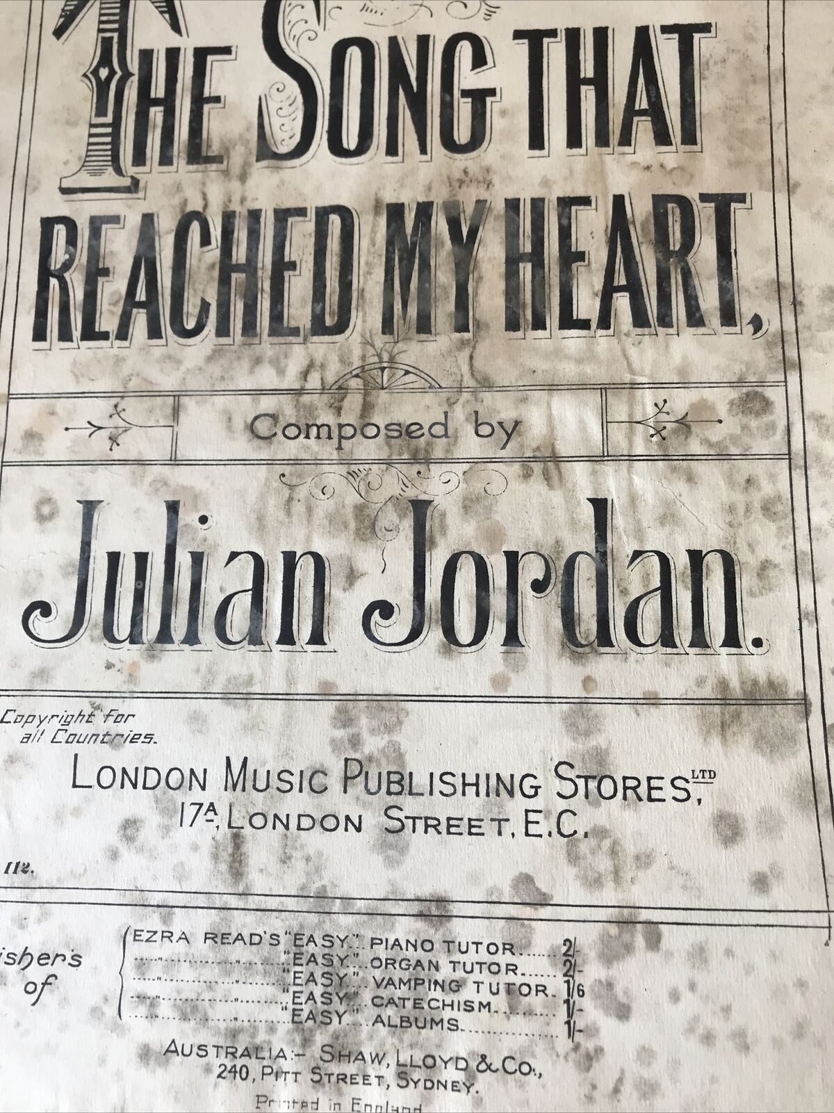 Vintage Sheet Music THE SONG THAT REACHED MY HEART Julian Jordan HEAVY MILDEW