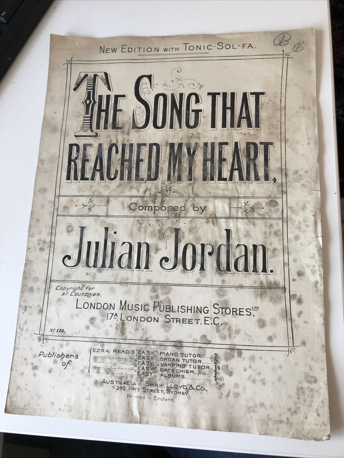 Vintage Sheet Music THE SONG THAT REACHED MY HEART Julian Jordan HEAVY MILDEW