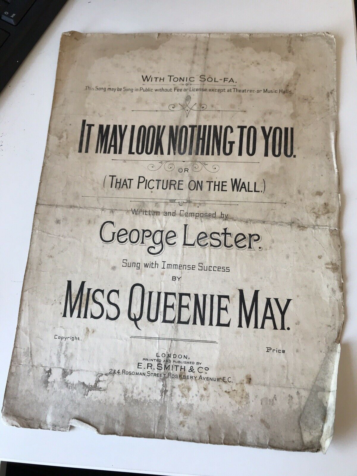 Vintage Sheet Music QUEENIE MAY It May Look Nothing Like You DAMAGED