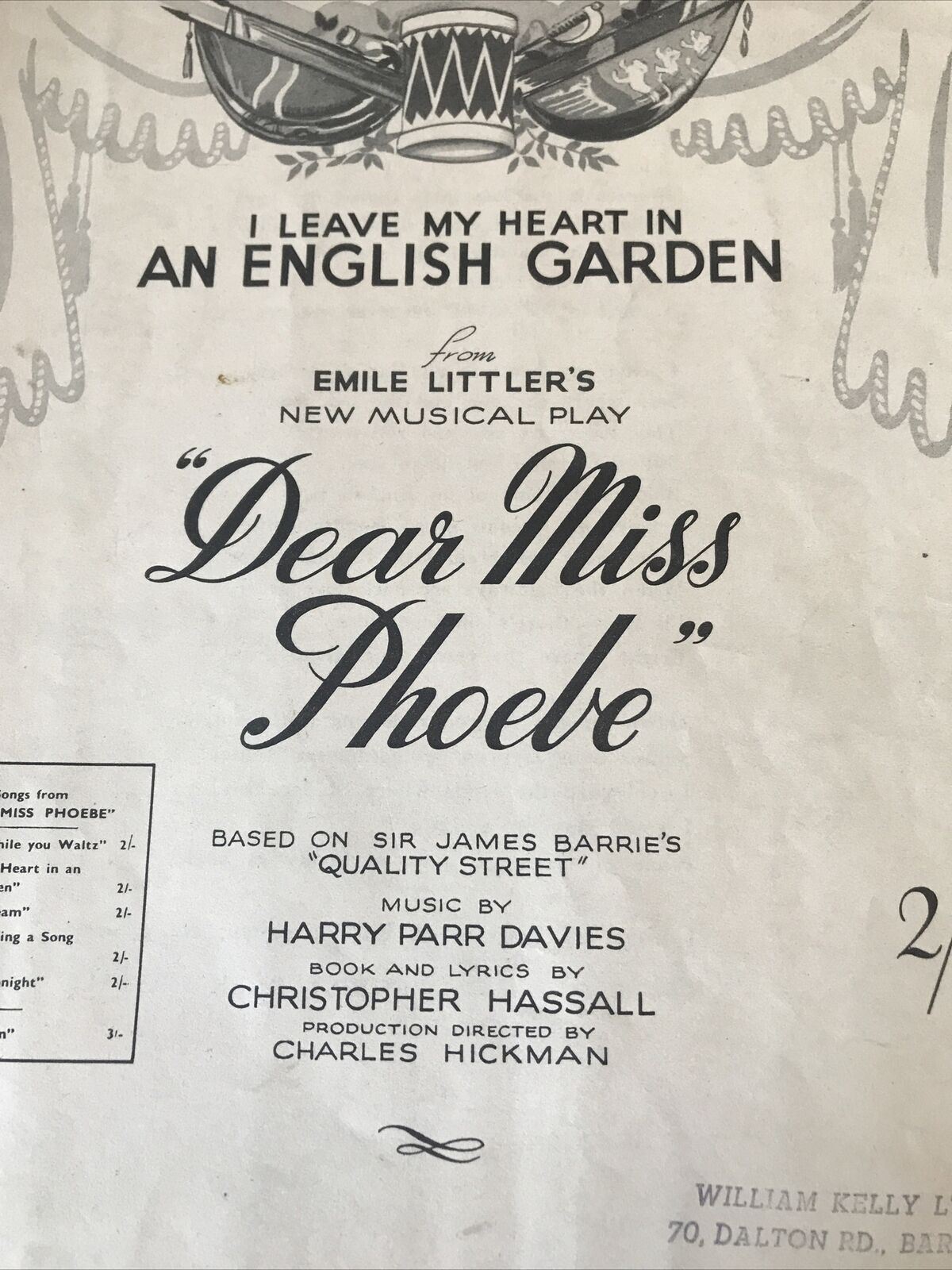 Vintage Sheet Music. ‘Dear Miss Phoebe’ Memorabilia An English Garden 1950 Emile