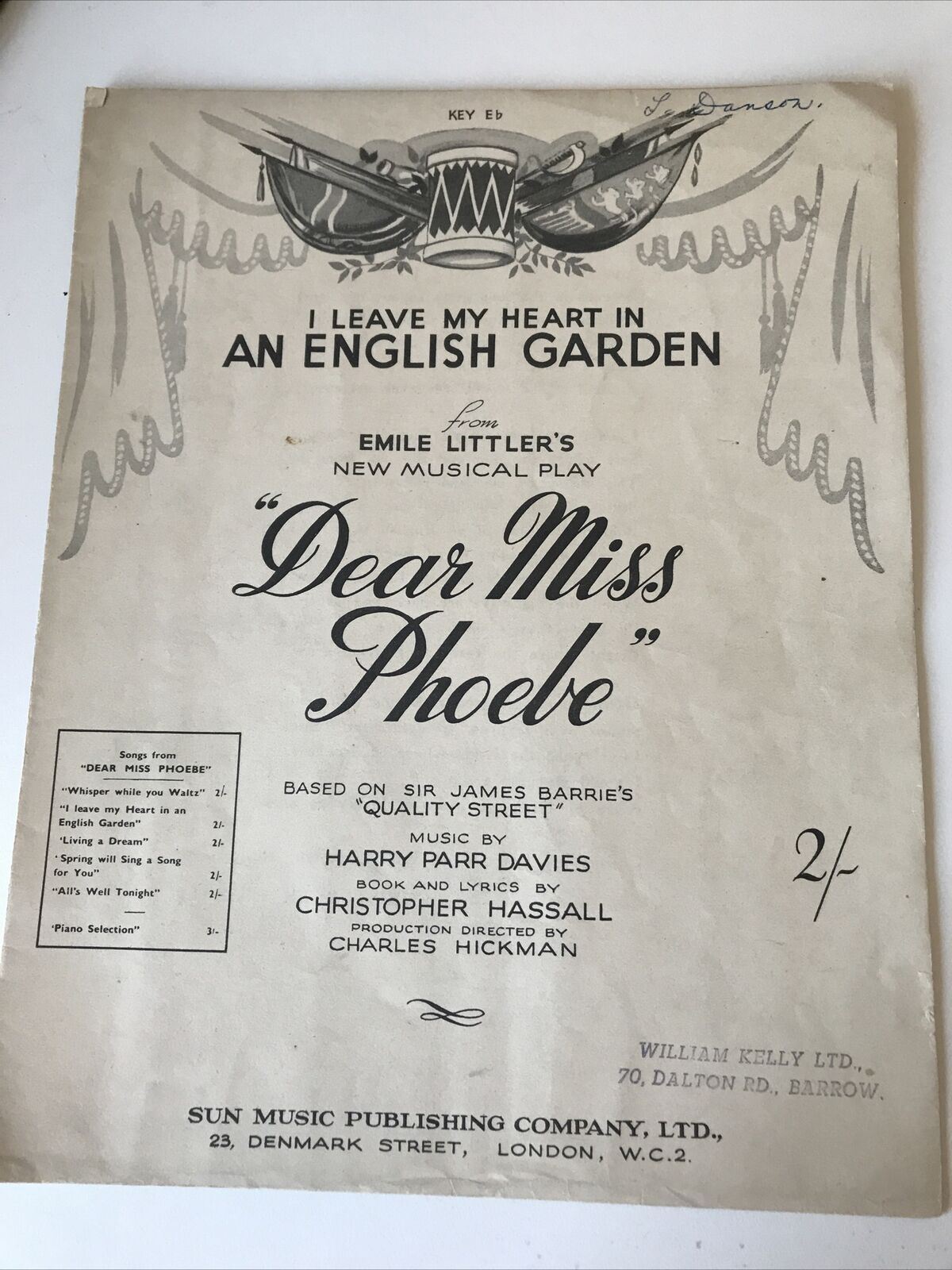 Vintage Sheet Music. ‘Dear Miss Phoebe’ Memorabilia An English Garden 1950 Emile