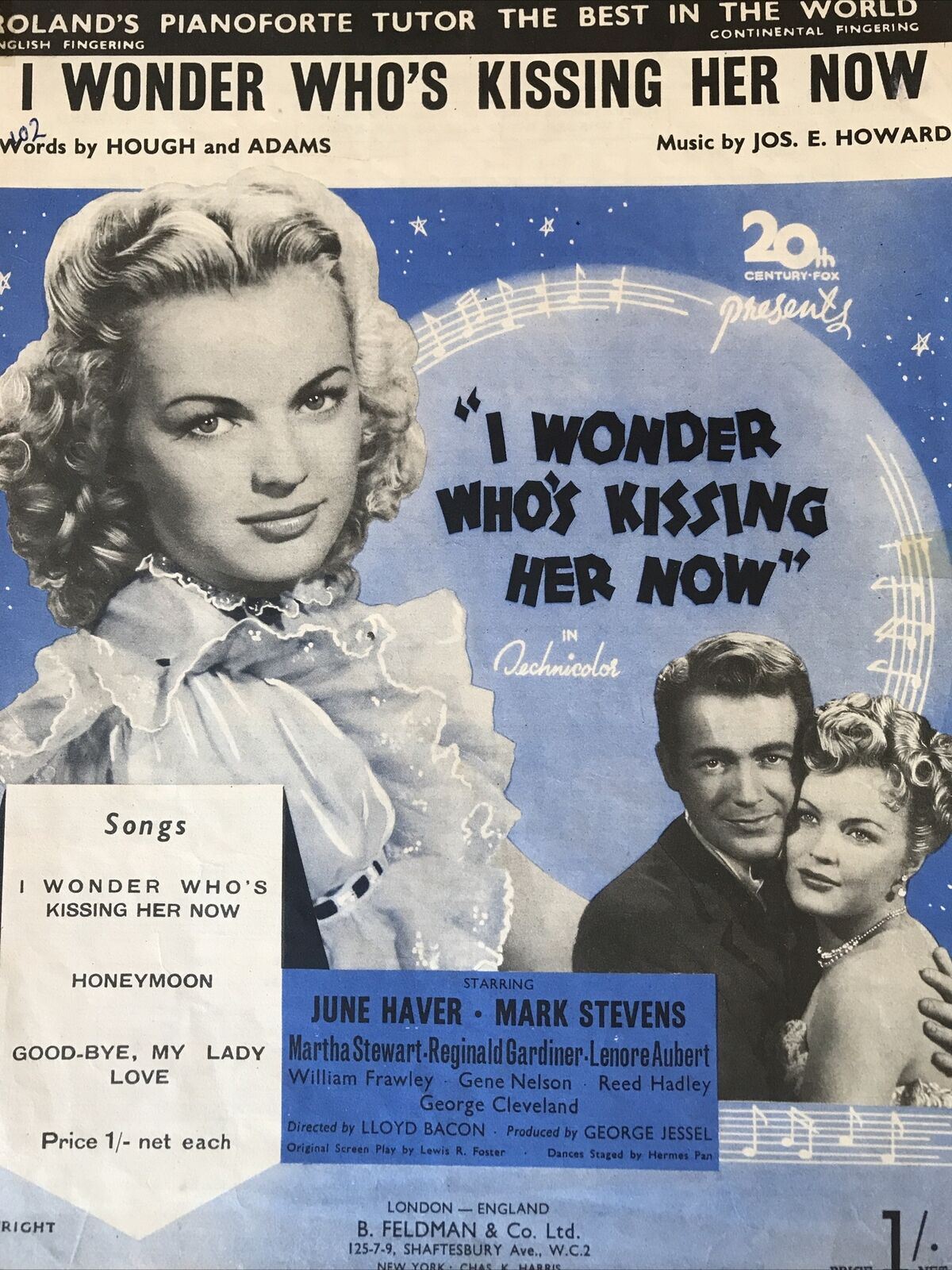 Vintage Sheet Music Movie Memorabilia I WONDER WHO’S KISSING HER NOW June Haver