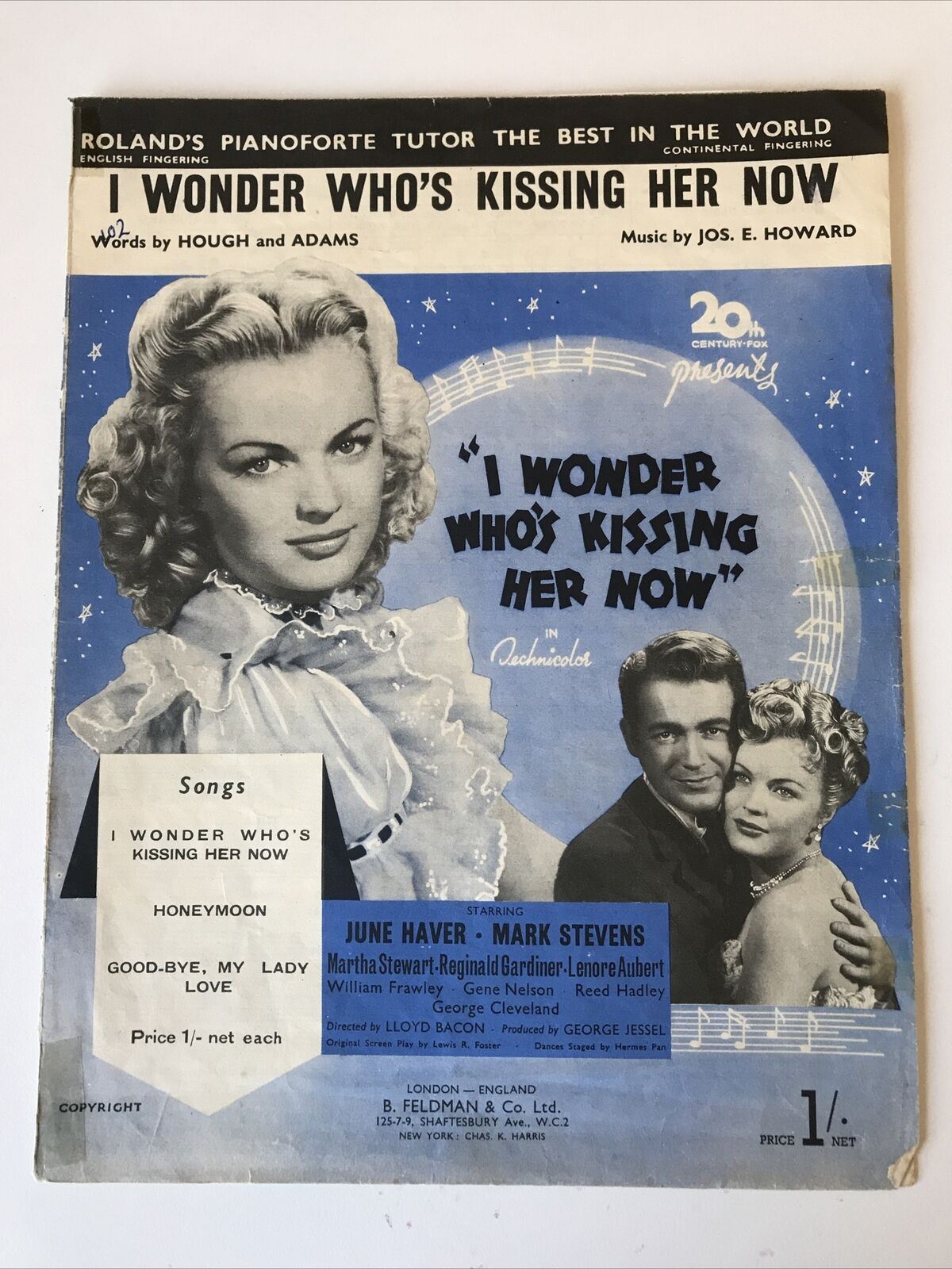 Vintage Sheet Music Movie Memorabilia I WONDER WHO’S KISSING HER NOW June Haver